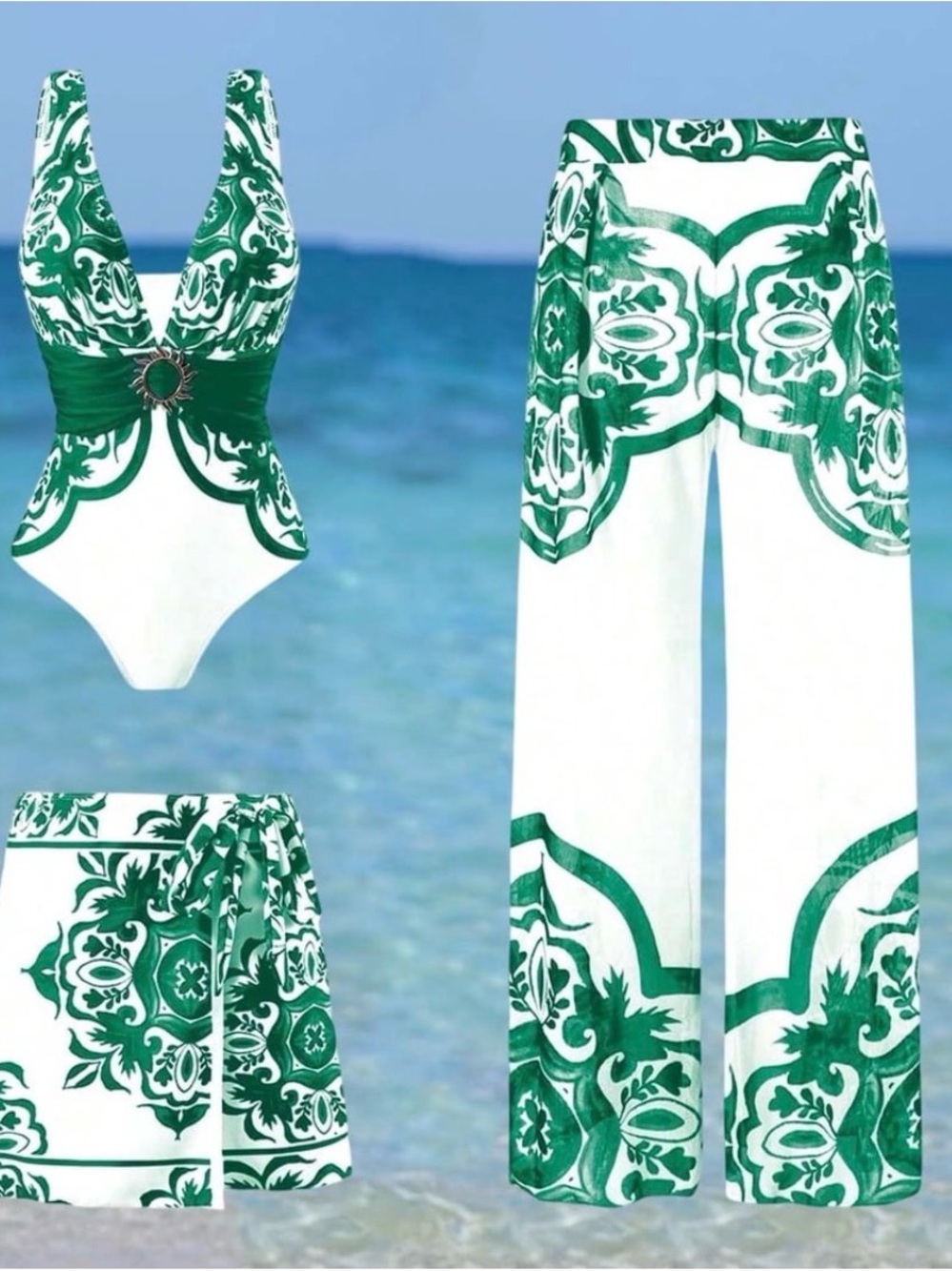 Green & White Tile Print Swim Set - One-Piece, Skirt & Wide-Leg Pants Size 4